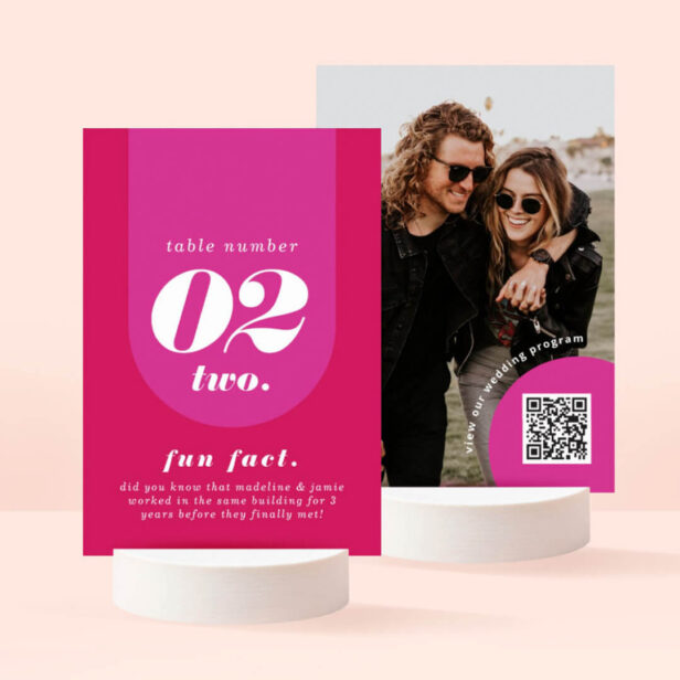 Retro Arch Pink & Magenta Couples Fun Fact & Photo Table Number
