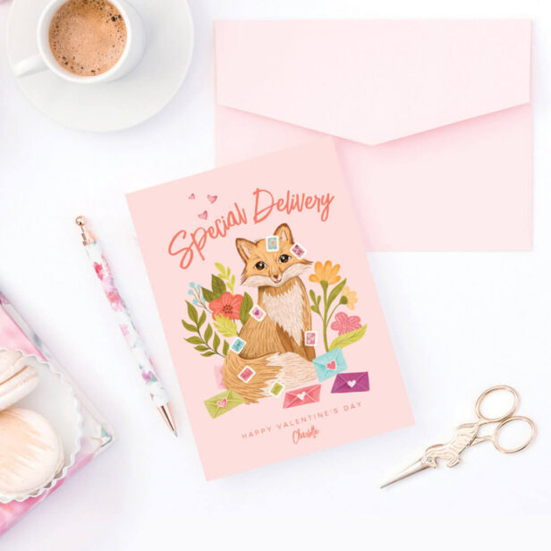 Special Delivery Cute Valentines Day Fox & Florals Holiday Card
