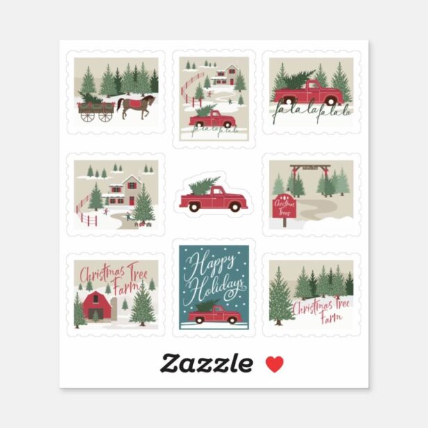 Vintage Red Truck Christmas Tree Farm Mail Stamps Sticker