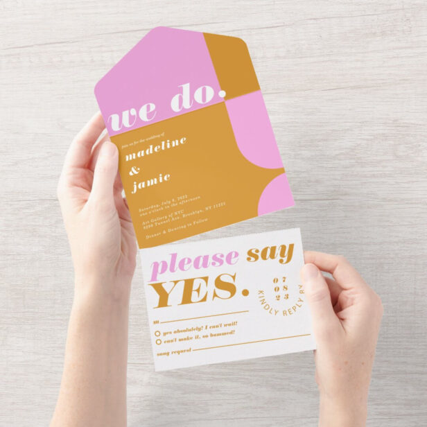We Do Modern Bold Pink & Yellow Retro Abstract Wedding All In One Invitation