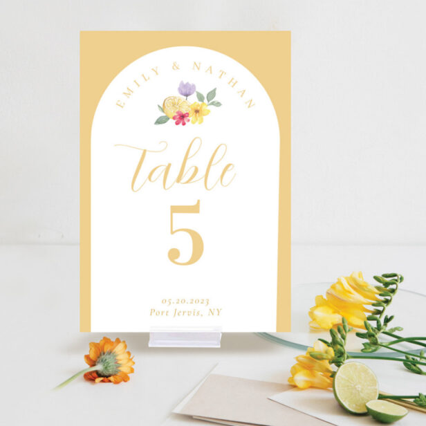 Modern Arch Watercolor Citrus Floral Couple Photo Table Number
