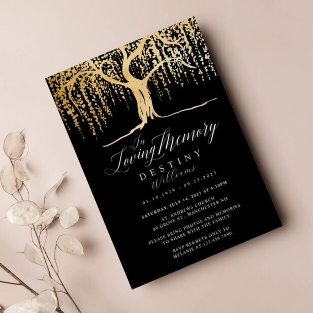 Black & Gold Willow Tree Loving Memory Funeral Digital Download Invitation