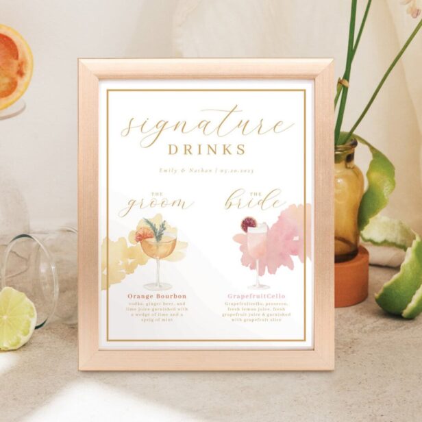 Bride & Groom Signature Drinks Watercolor Cocktail Poster