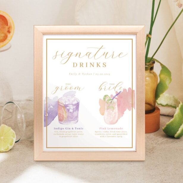 Bride & Groom Signature Drinks Watercolor Cocktail Poster