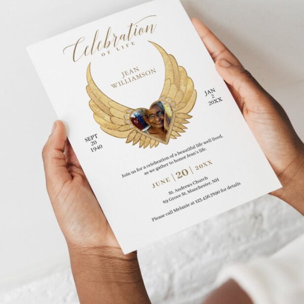 Celebration of Life Gold Angel Wings Photo Digital Download Invitation