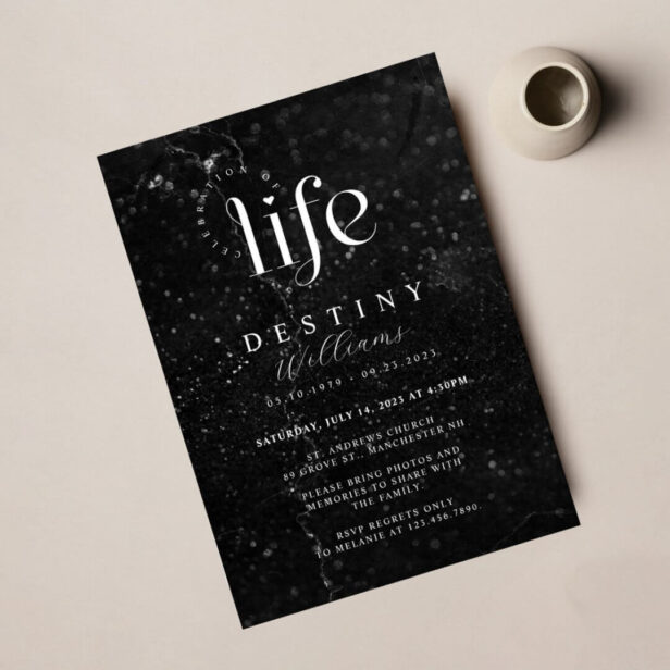 Elegant Black Marble Celebration of Life Funeral Digital Download Invitation