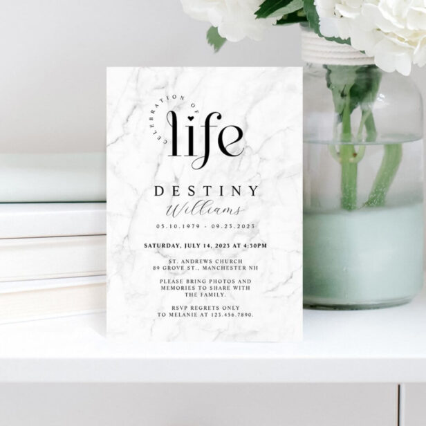 Elegant White Marble Celebration of Life Funeral Digital Download Invitation