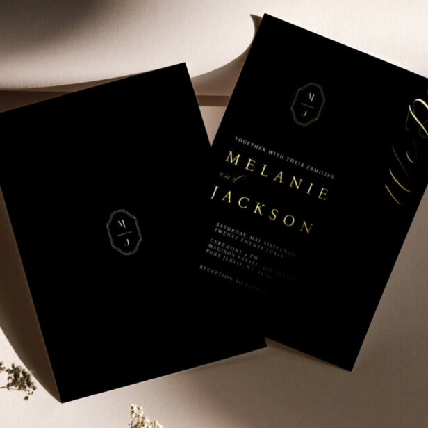 Minimal Black & Gold Personalized Monogram Crest Gold Foil Black Invitation