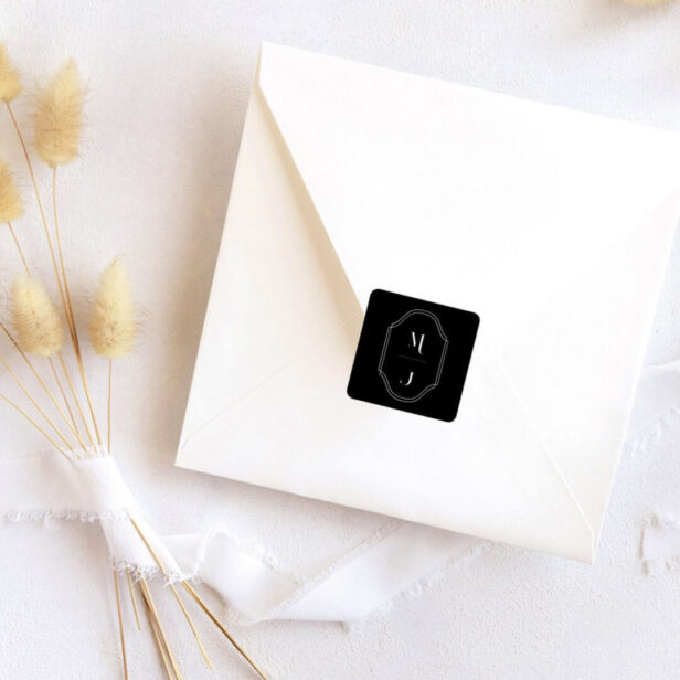 Minimal & Elegant Black & White Monogram Wedding Square Sticker