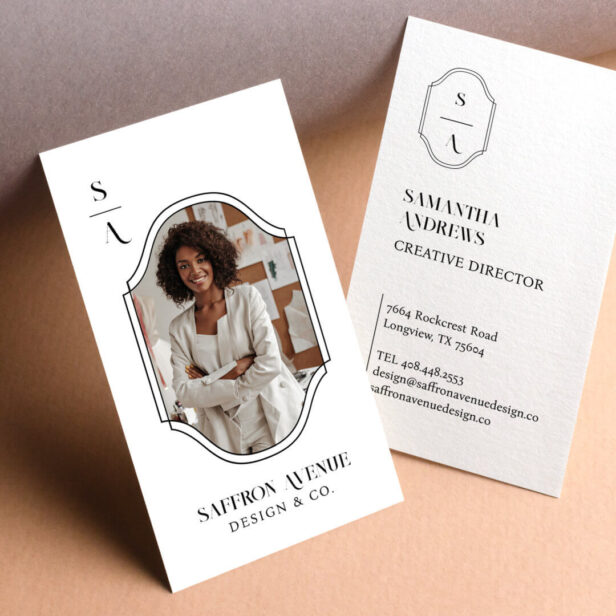 Minimal Elegant Custom Monogram Crest Photo Frame White Business Card