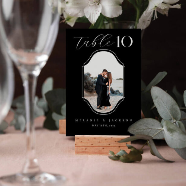 Modern Script Elegant Wedding Photo Frame Black Table Number