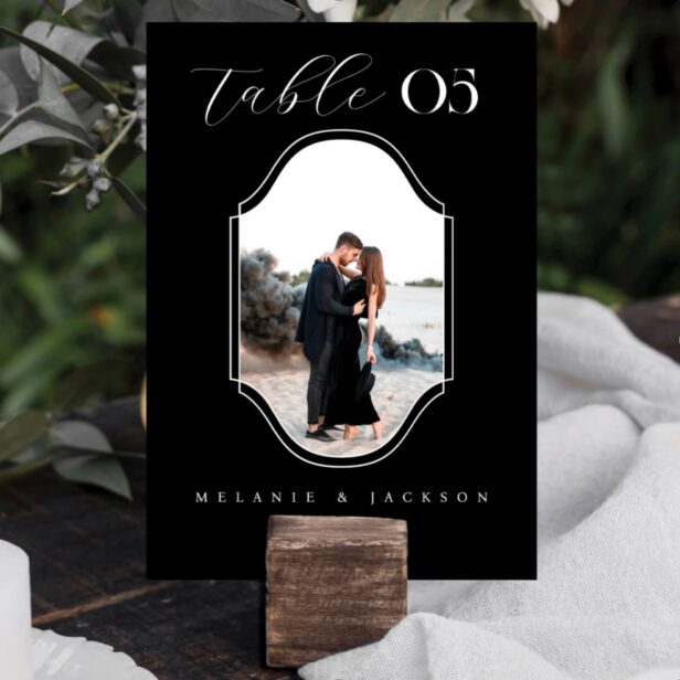 Modern Script Elegant Wedding Photo Frame Black Table Number