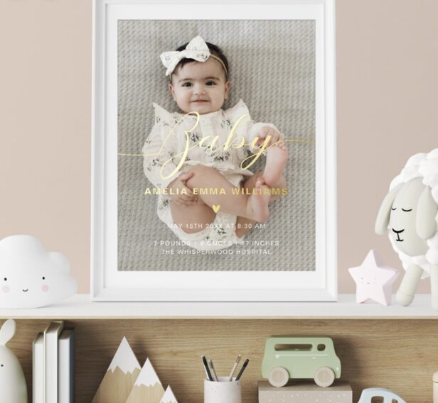Newborn Custom Photo Baby Script & Birth Stats Foil Prints