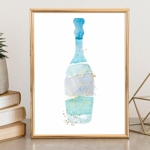 Abstract Watercolor Blue Ocean Message in a Bottle Foil Prints