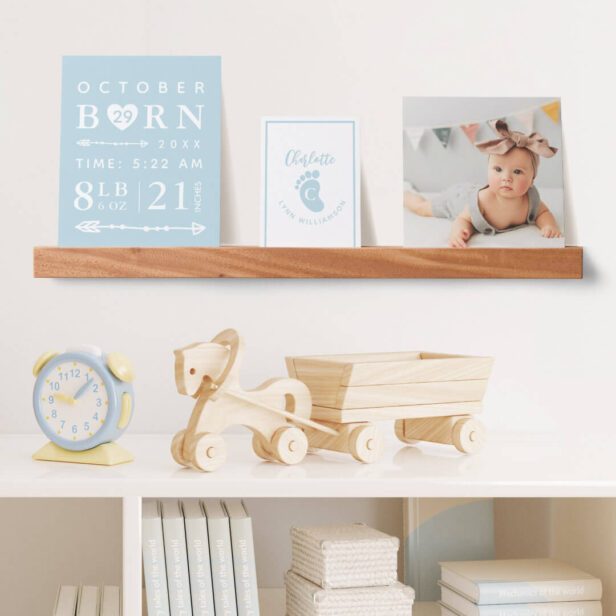 Baby Photo Keepsake & Birth Stats Blue Monogram Picture Ledge
