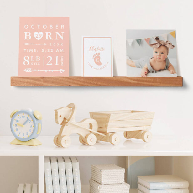 Baby Photo Keepsake & Birth Stats Pink Monogram Picture Ledge