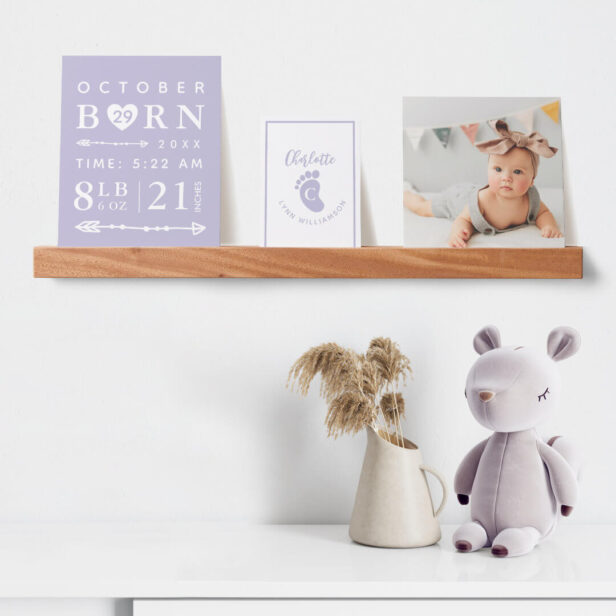 Baby Photo Keepsake & Birth Stats Purple Monogram Picture Ledge