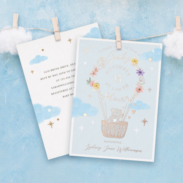 Blue Floral Hot Air Balloon Teddy Bear Baby Shower Foil Invitation