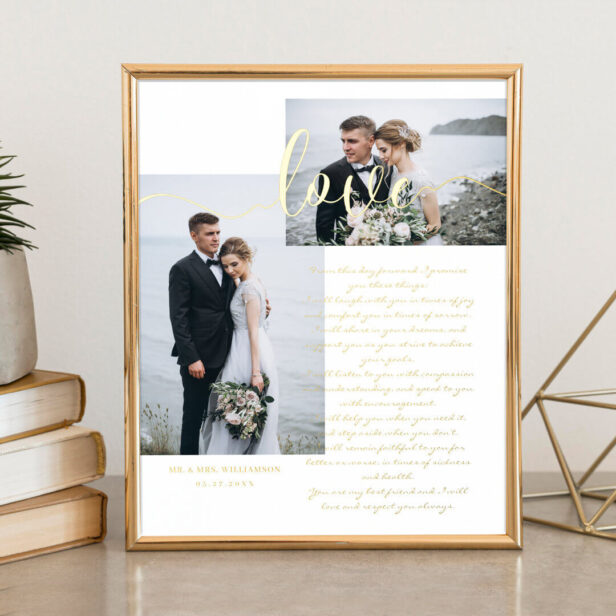 Elegant Wedding Vows Love Script Minimal Two Photo Foil Prints