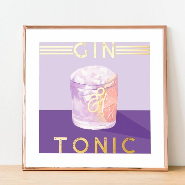 Gin & Tonic Retro Purple Cocktail Watercolor Art Foil Prints