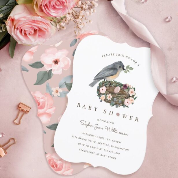 It's A Girl Pink Floral Bird's Nest Baby Shower Invitation