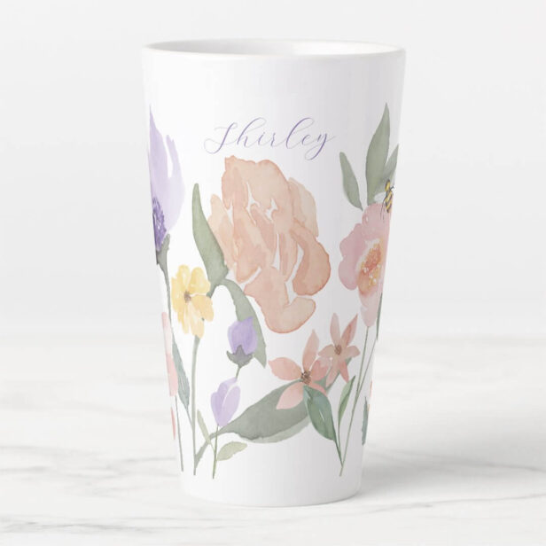 Watercolor Wildflowers & Honey bee Personalized Latte Mug