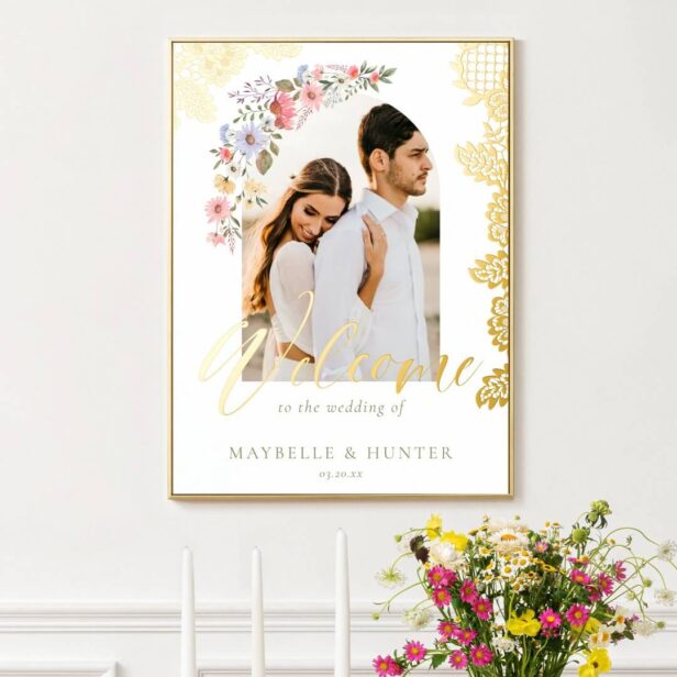 Watercolor Wildflowers Photo Wedding Welcome Lace Foil Prints