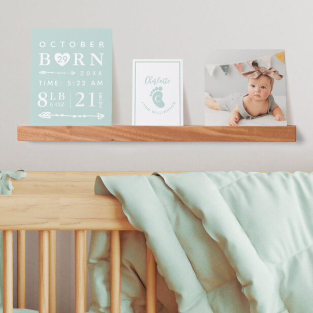 Baby Photo Keepsake & Birth Stats Green Monogram Picture Ledge