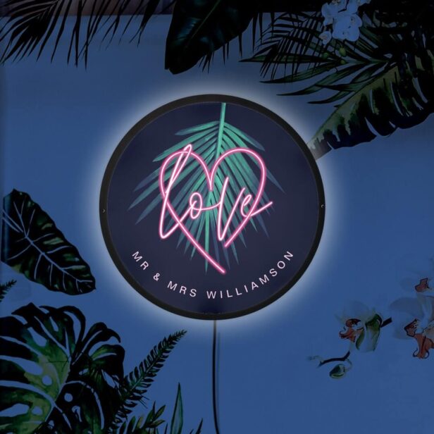 Electric Love Neon Pink Heart & Tropical Palm Leaf LED Sign