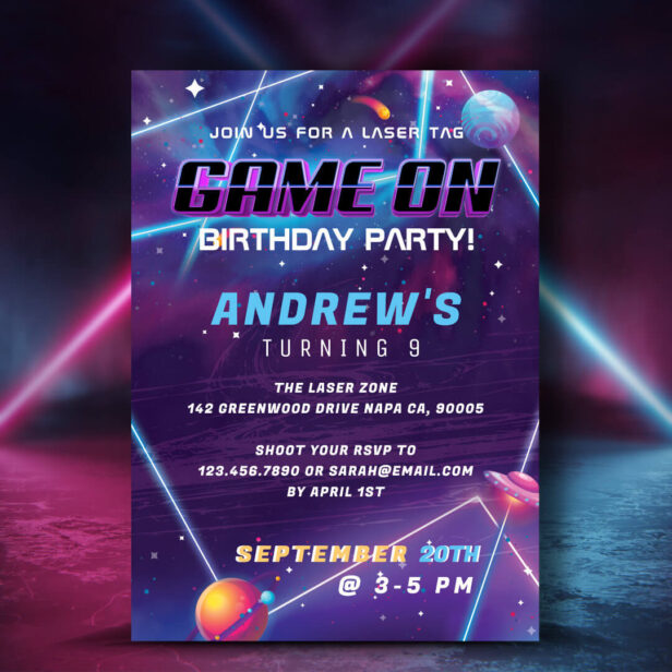 It's Game On Colorful Laser Tag Galaxy Birthday Invitation