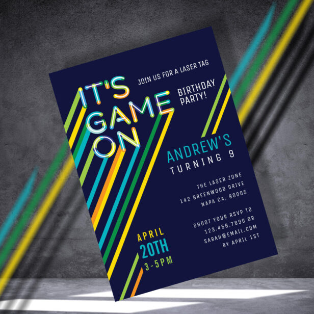 It's Game On Colorful Neon Laser Tag Navy Birthday Invitation