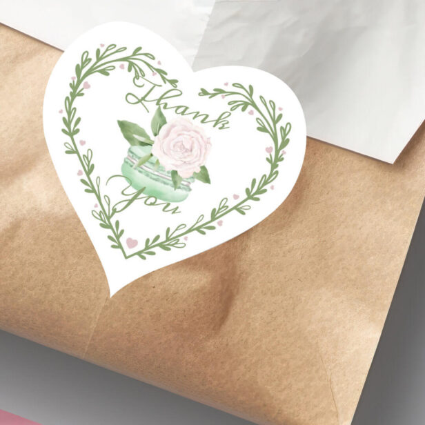 Thank You Watercolor Floral Mint Macaron Bakery Heart Sticker