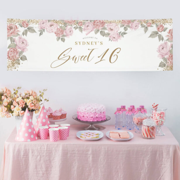 Elegant Gold Glitter Peony Floral Sweet 16 Welcome Banner