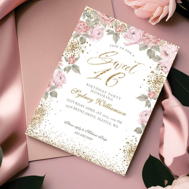 Elegant Gold Glitter Peony Florals Sweet 16 Invitation