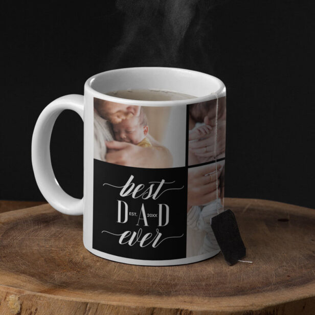 Minimal Modern Best Dad Ever Script Photo Collage Coffee Black Mug
