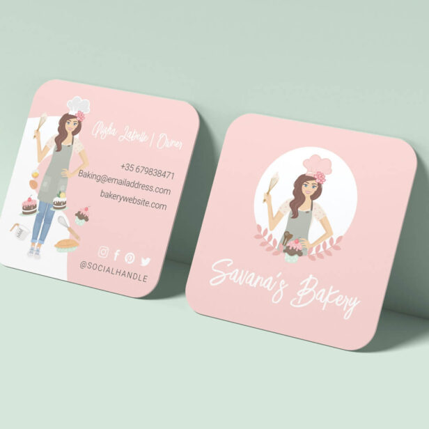 Modern Pretty Woman Sweet Bakery Services Pink Square Business Card