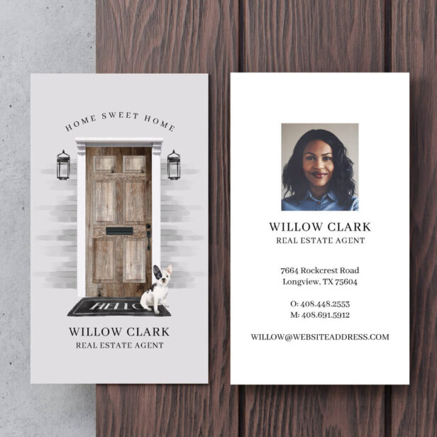 Rustic Wooden Door Real Estate French Bulldog Business Card