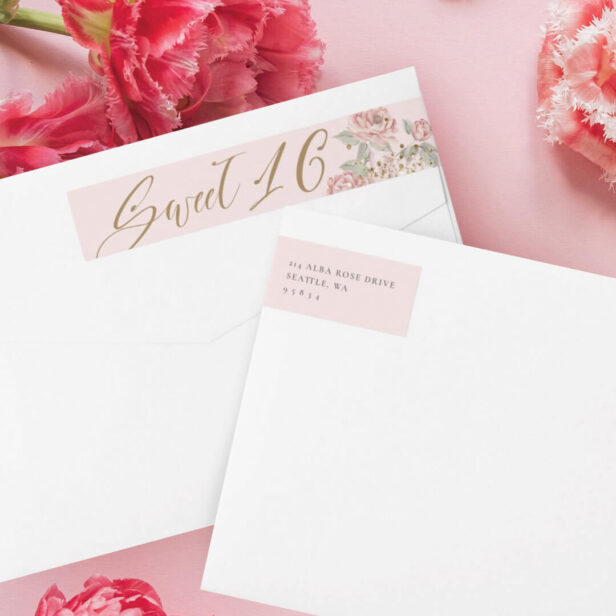 Sweet 16 Elegant Gold Glitter Peony Florals Pink Wrap Around Label