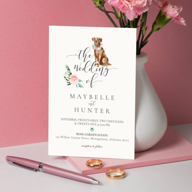 Watercolor Brown Labrador Dog & Floral Pink Rose Invitation