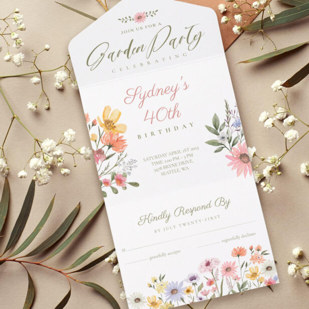 Garden Party Watercolor Wildflower Floral Birthday All In One Invitation