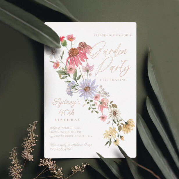 Garden Party Watercolor Wildflower Floral Birthday Gold Foil Invitation