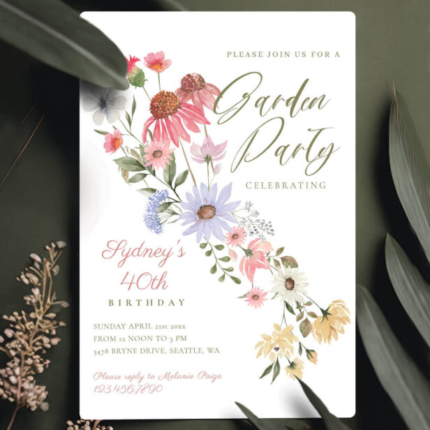 Garden Party Watercolor Wildflower Floral Birthday Invitation