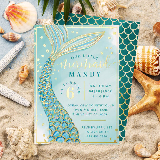 Mermaid Tail Under the Sea Aqua & Gold Birthday Foil Invitation