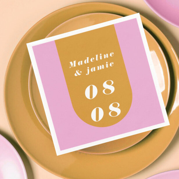 Minimal Modern Retro Arch Pink & Yellow Bold Date Napkins