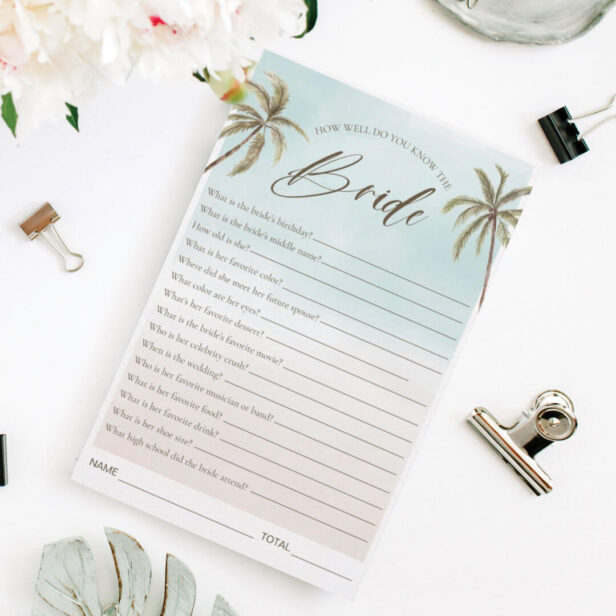 Tropical Watercolor Palm Tree Bridal Shower Game