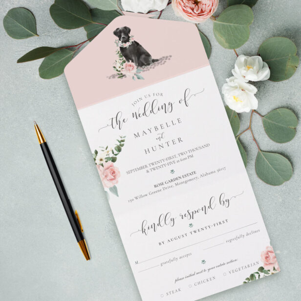 Watercolor Black Labrador Dog & Floral Pink Rose All In One Invitation