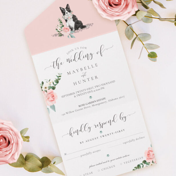 Watercolor Border Collie Dog & Floral Pink Rose All In One Invitation