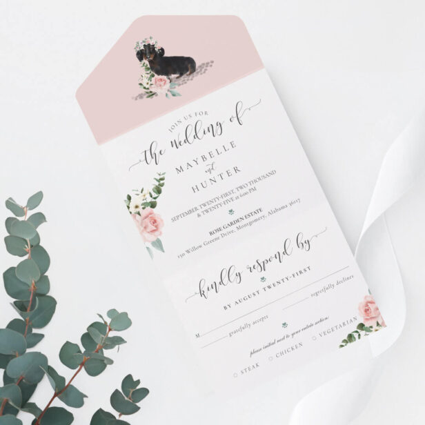 Watercolor Brown Dachshund Dog & Floral Pink Rose All In One Invitation