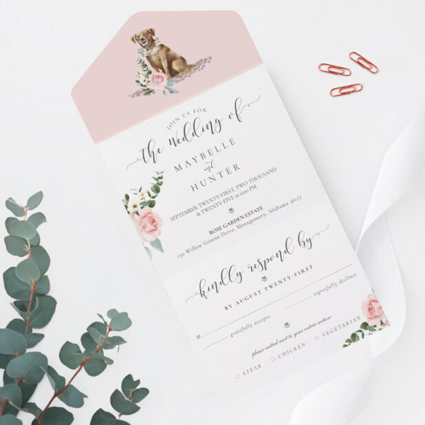 Watercolor Brown Labrador Dog & Floral Pink Rose All In One Invitation