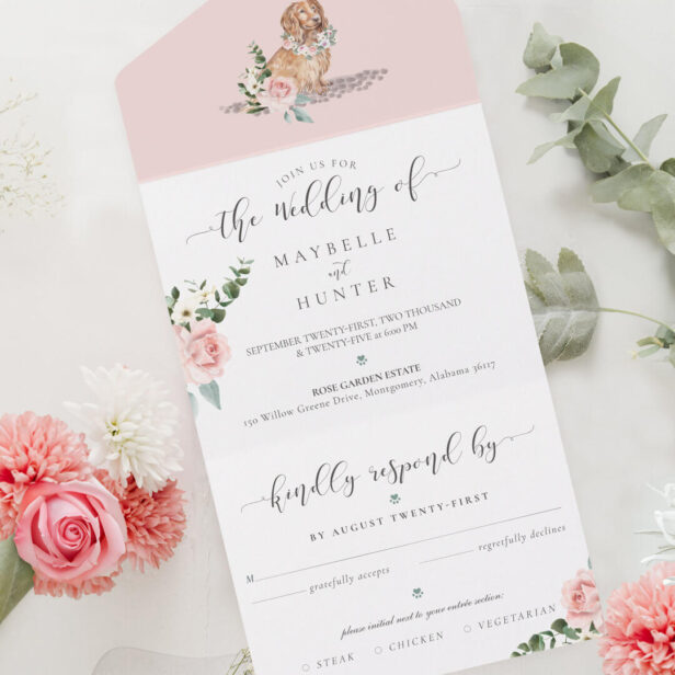 Watercolor Cocker Spaniel Dog & Floral Pink Rose All In One Invitation